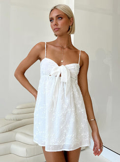 front view of model wearing Princess Polly Granno Mini Dress White Tall Sweetheart Neckline 