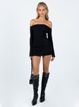 side view of model wearing Princess Polly Parisa Long Sleeve Mini Dress Black Tall Straight Neck 