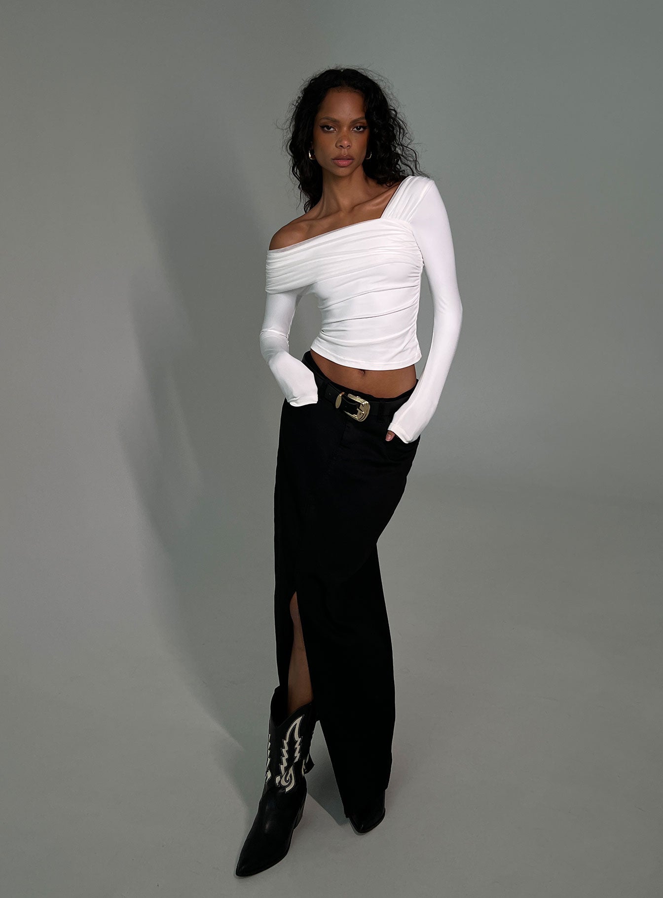 Front view of model wearing  front Princess Polly Three Fourth Sleeves High Neck  Lynsey Long Sleeve Top White