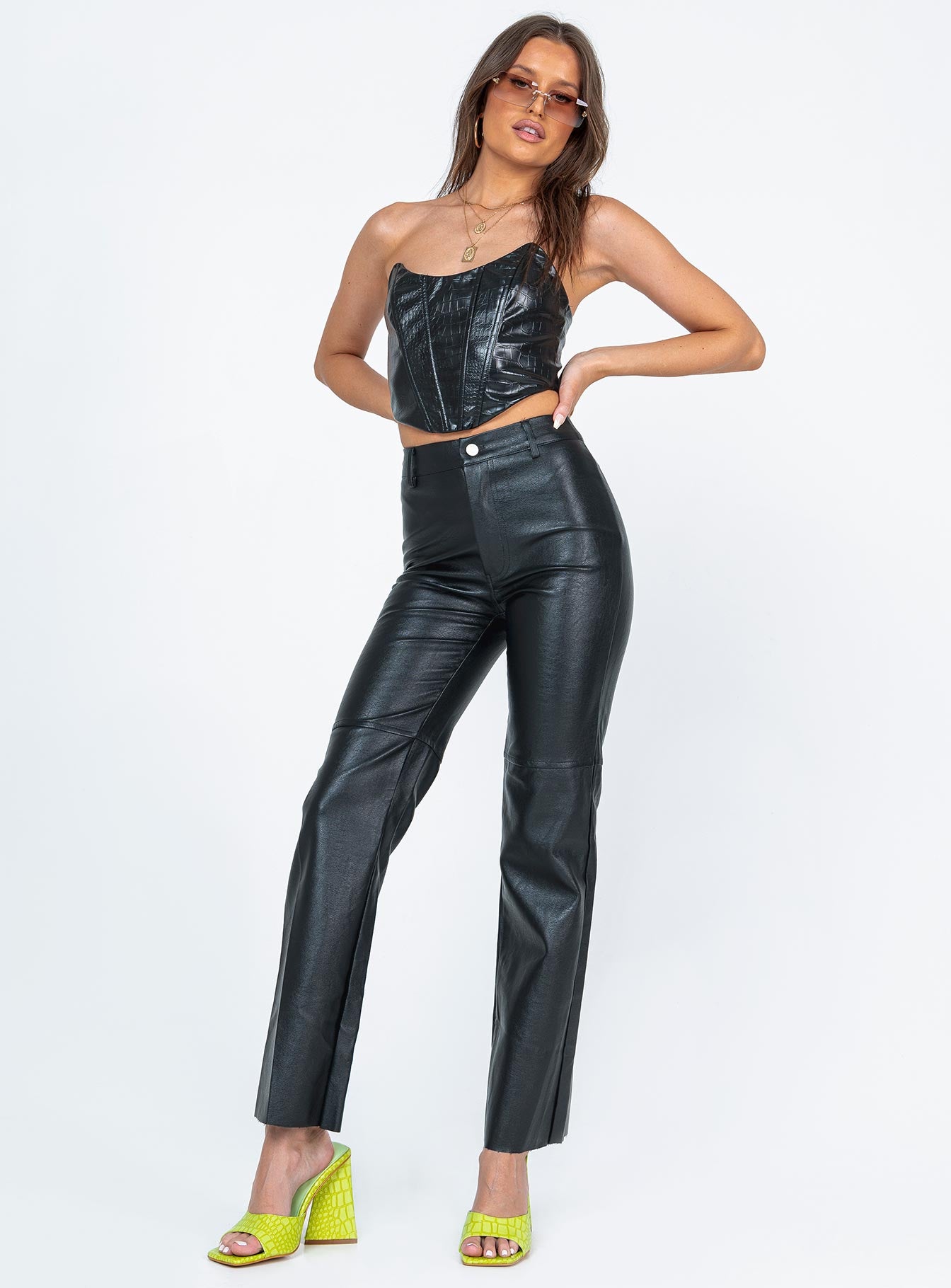 front view of model wearing Princess Polly Macey Pants Black Tall High Waisted Pants 