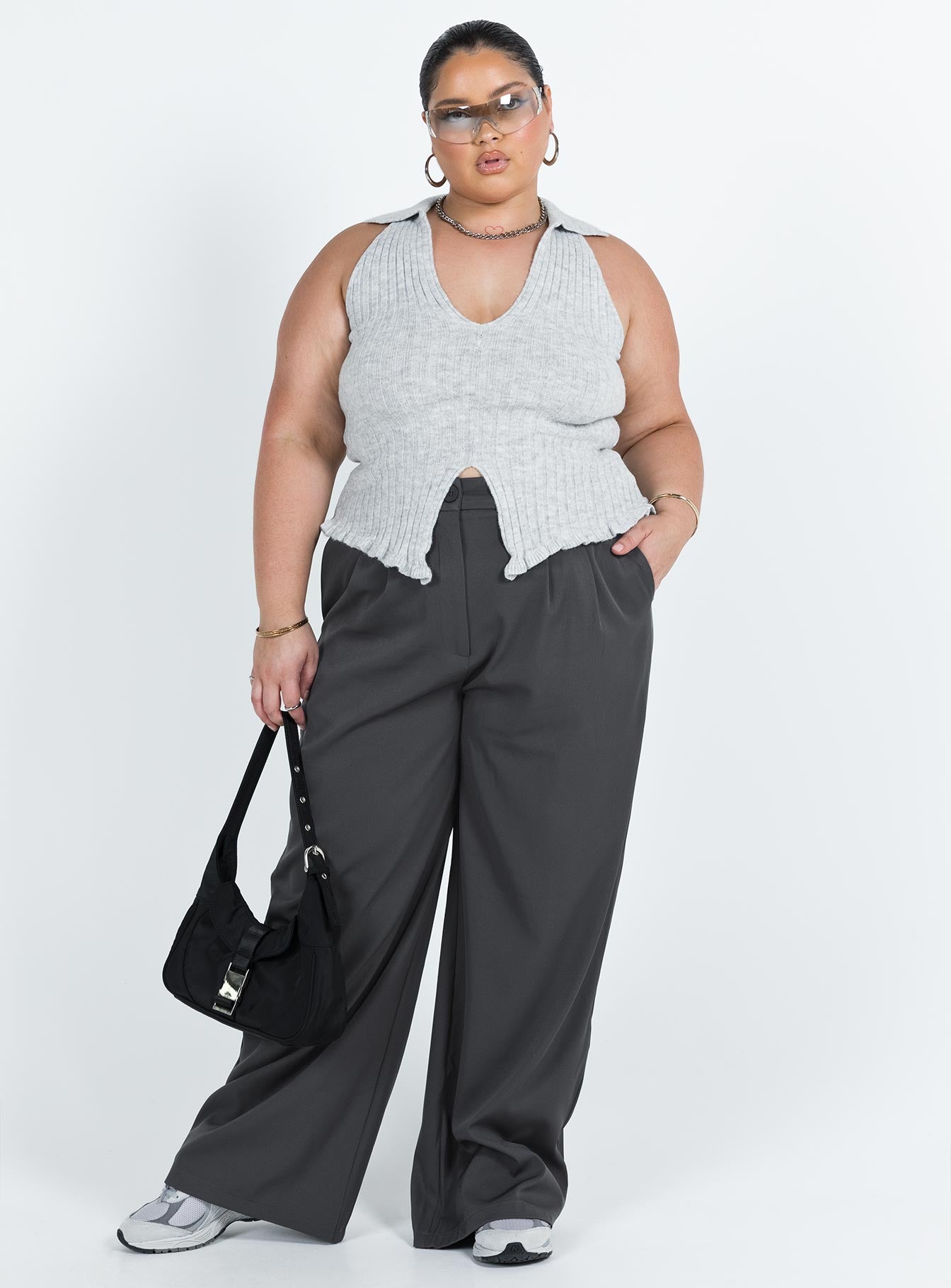 product Princess Polly Sleeveless V-Neck  Galliniski Knit Top Grey Curve