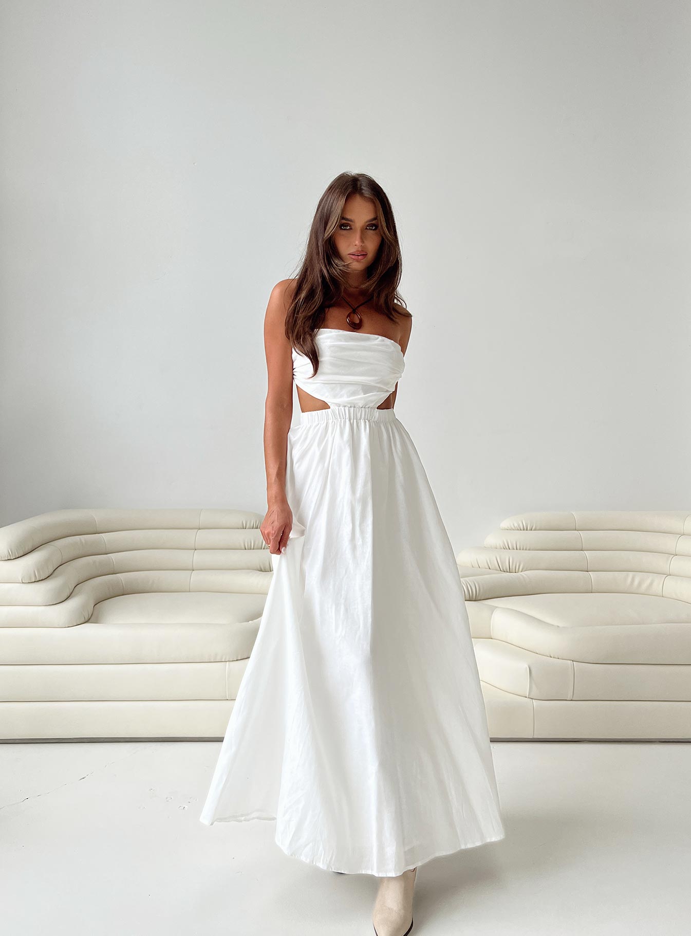 Front view of model wearing  front Princess Polly Asymmetric Neckline  Jessia Maxi Dress White