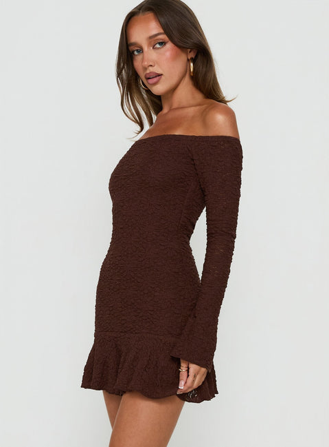 Vancesca schulterfreies Mini-Kleid mit langen Ärmeln, Chocolate