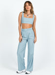 Matching set Linen material Crop top Fixed straps Invisible zip fasting at side High waisted pants Wide relaxed leg Belt loops at waist Zip and button fastening Lined top