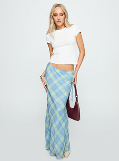 back view of model wearing Princess Polly Seafarer Tie Side Maxi Skirt Blue Check Maxi 