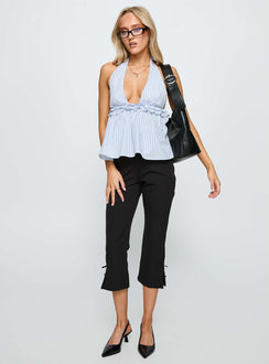 front view of model wearing Princess Polly Nautique Halter Ruched Top Blue Stripe Sleeveless Plunger 