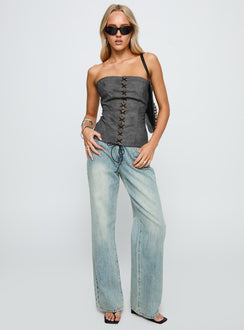 side view of model wearing Princess Polly Soft Spoken Strapless Tie Up Top Black Sleeveless straight 