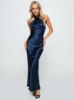 side view of model wearing Princess Polly Rosaminta Halter Maxi Dress Cobalt Blue Asymmetric Neckline 