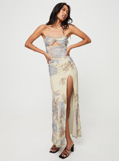 product Princess Polly Asymmetric Neckline  Kyanne High Split Maxi Dress Cream Multi