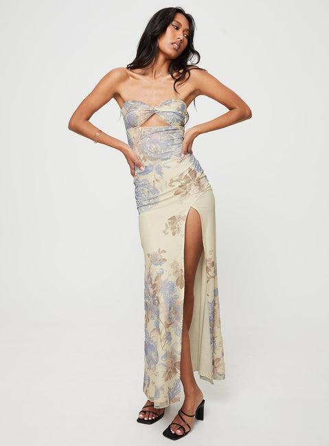 product Princess Polly Asymmetric Neckline  Kyanne High Split Maxi Dress Cream Multi