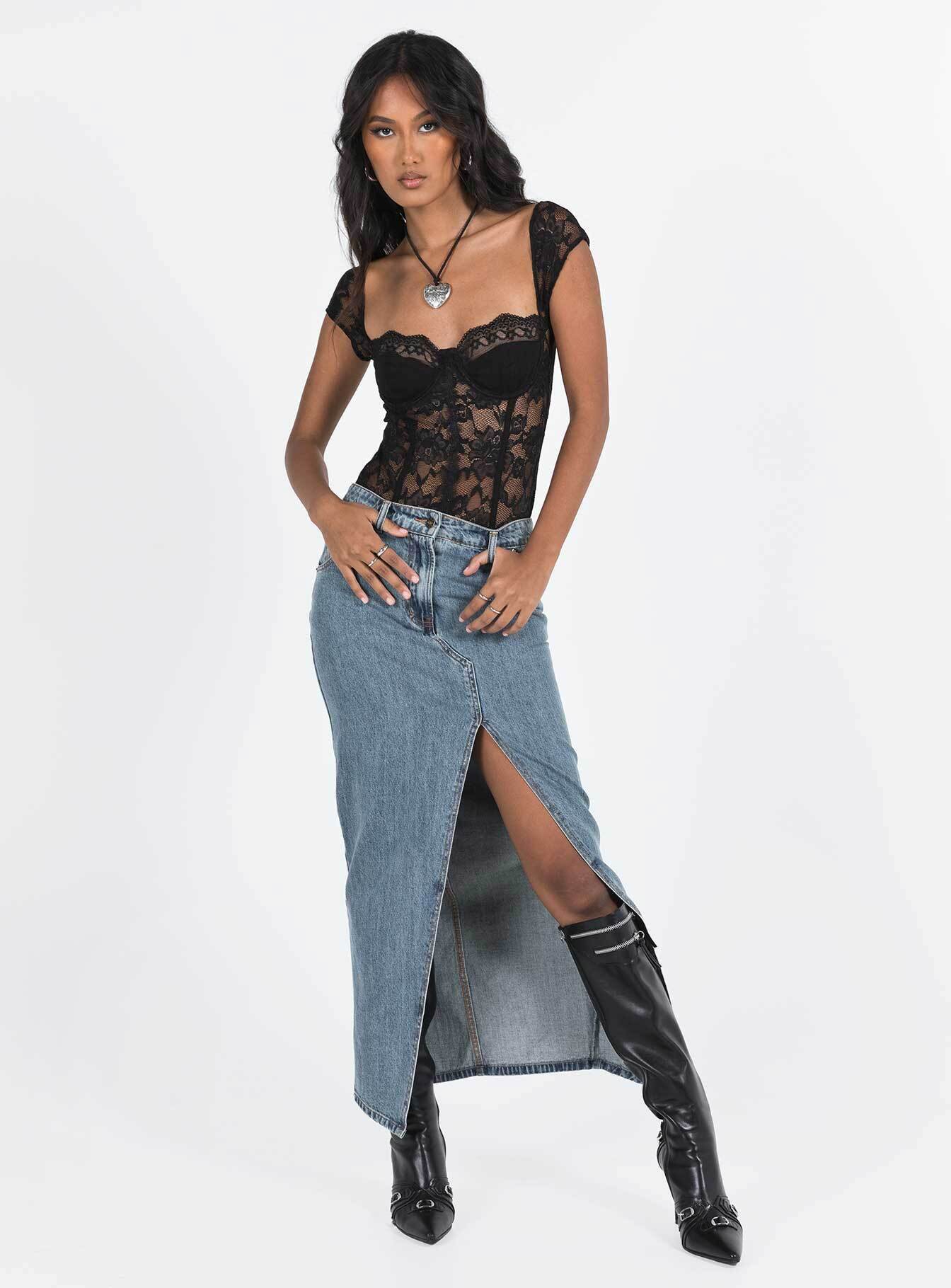 back view of model wearing Princess Polly Cadrot Lace Bodysuit Black Short Sleeve 