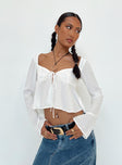 Front view of model wearing  front Princess Polly Full Sleeves Asymmetric Neckline  Godet Top White