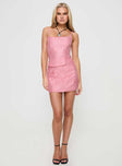 Pink Two piece set Crop top, elasticated shoulder strap, square neckline, zip fastening at back High rise mini skirt, invisible zip fastening at side