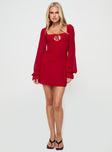 front view of model wearing Princess Polly Bayford Long Sleeve Mini Dress Red Square Neck 