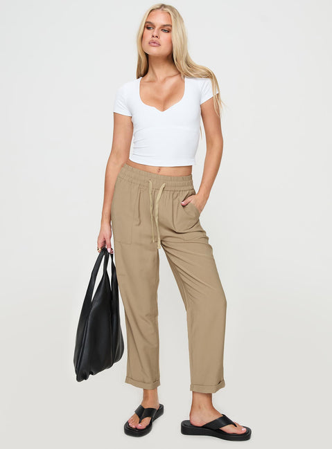 front view of model wearing Princess Polly Tillas Pants Beige High Waisted Pants 
