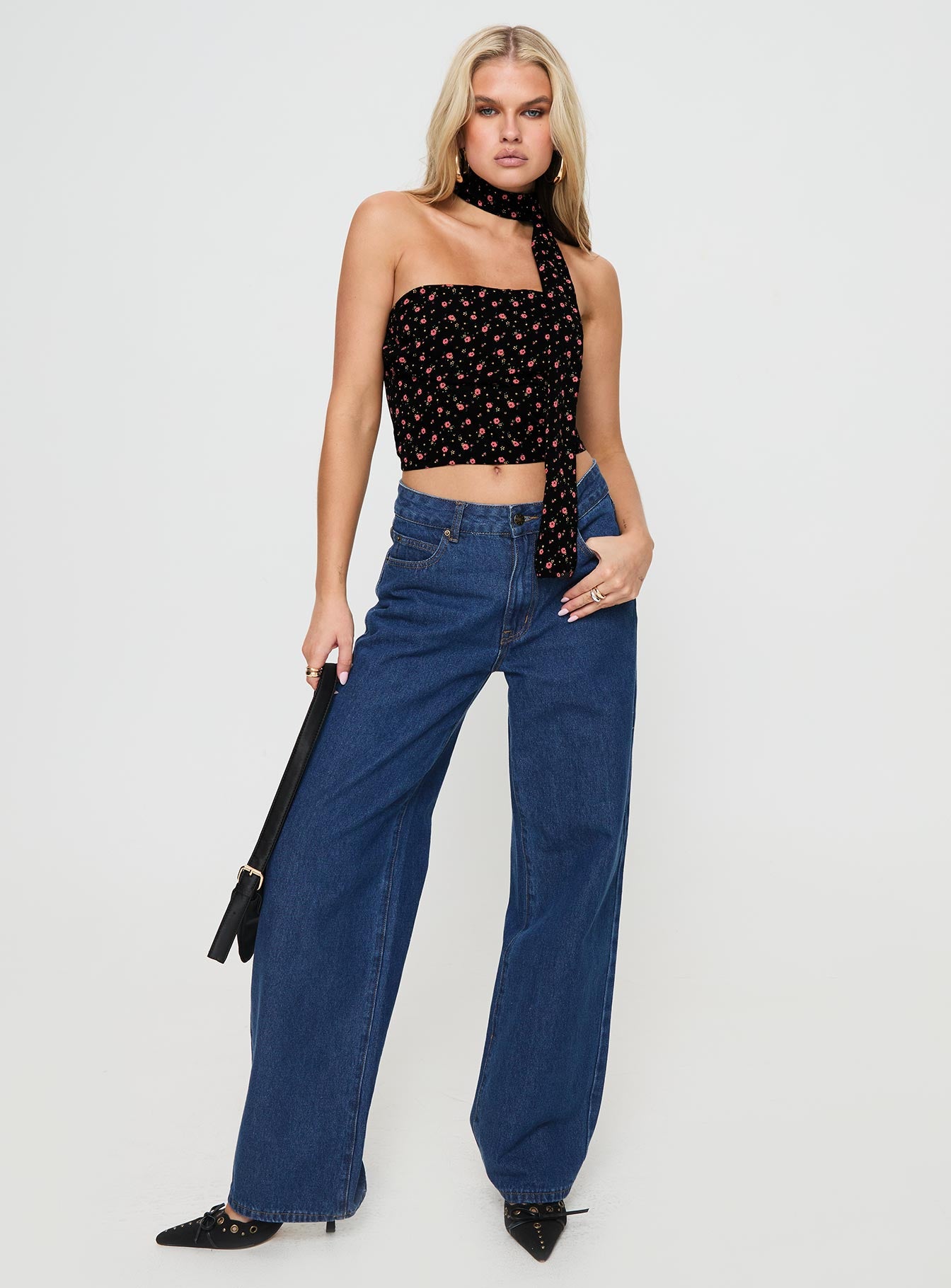 front view of model wearing Princess Polly Jontie Two-piece Scarf Top Black Floral Sleeveless straight 