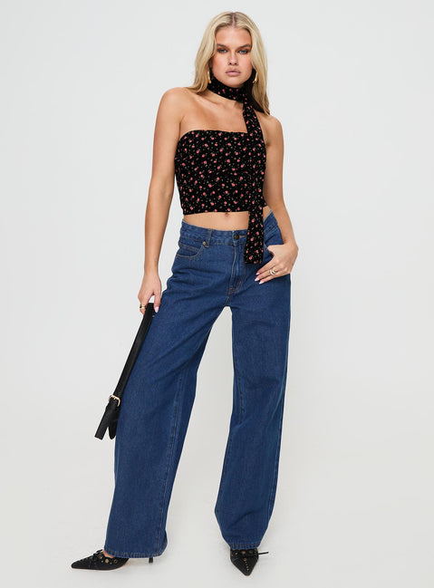 front view of model wearing Princess Polly Jontie Two-piece Scarf Top Black Floral Sleeveless straight 