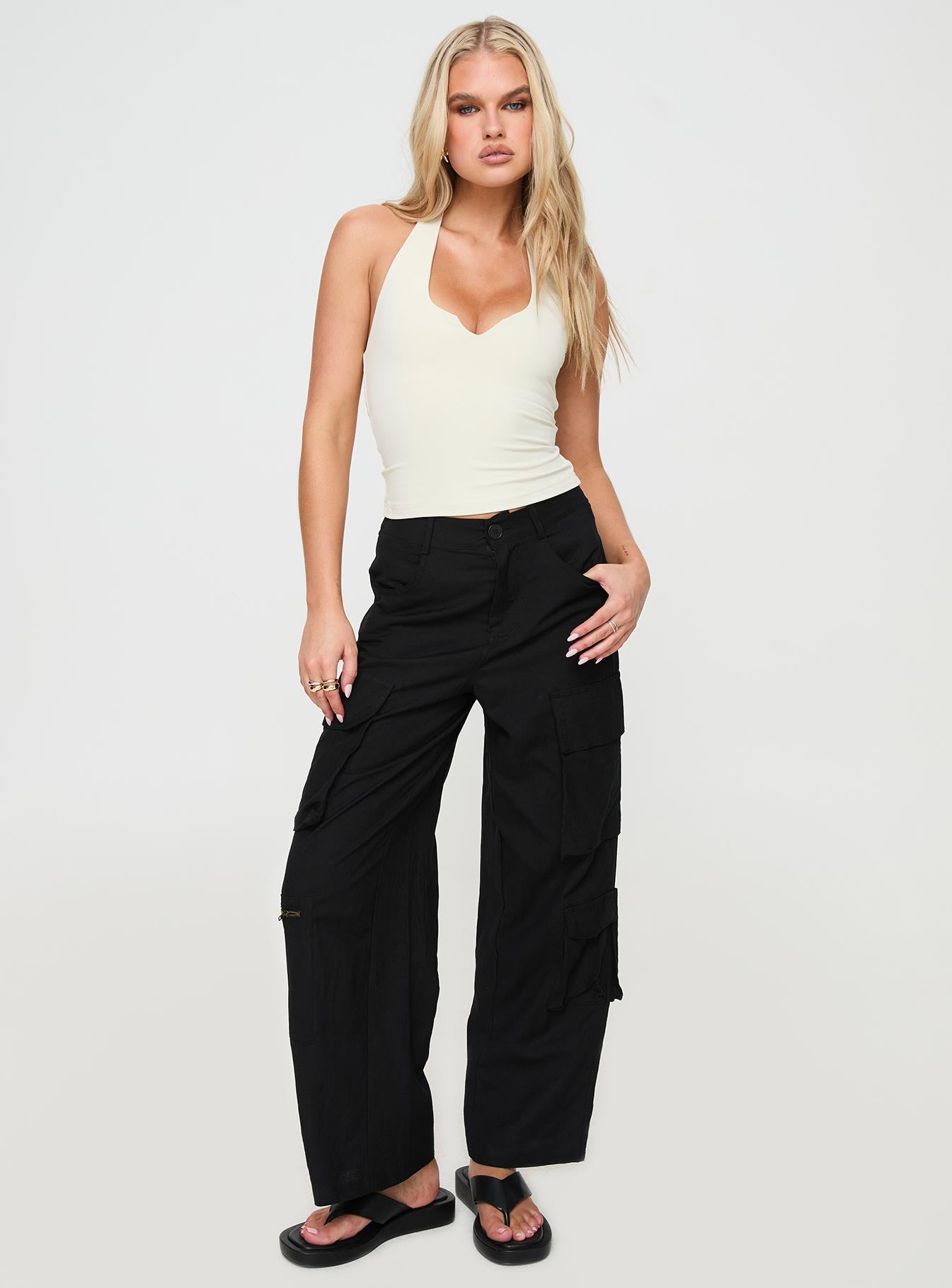 front view of model wearing Princess Polly Humphrey Cargo Pant Black Mid Rise 