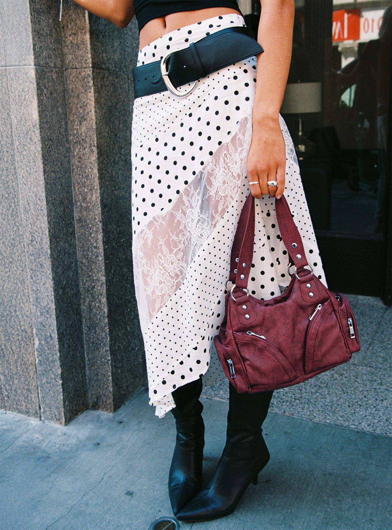 back view of model wearing Princess Polly Rennar Maxi Skirt White / Polka Dot Petite Midi Skirts 