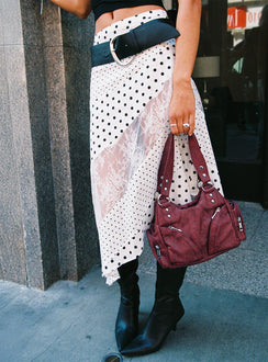 back view of model wearing Princess Polly Rennar Maxi Skirt White / Polka Dot Petite Midi Skirts 