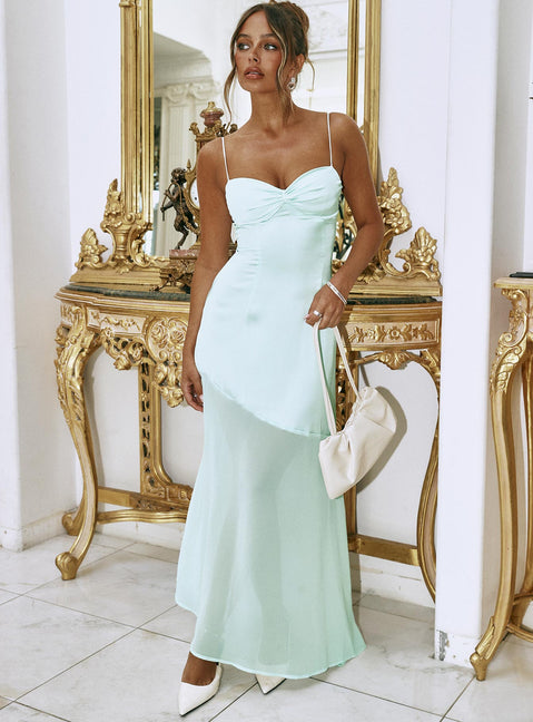 front view of model wearing Princess Polly Aurellia Splice Maxi Dress Ice Blue Sweetheart Neckline 