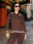 front view of model wearing Princess Polly Square One Collared Jumper Brown / Cream Long 