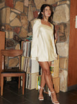 Front view of model wearing  front Princess Polly High Neck  Phillipa Long Sleeve Mini Dress Champagne