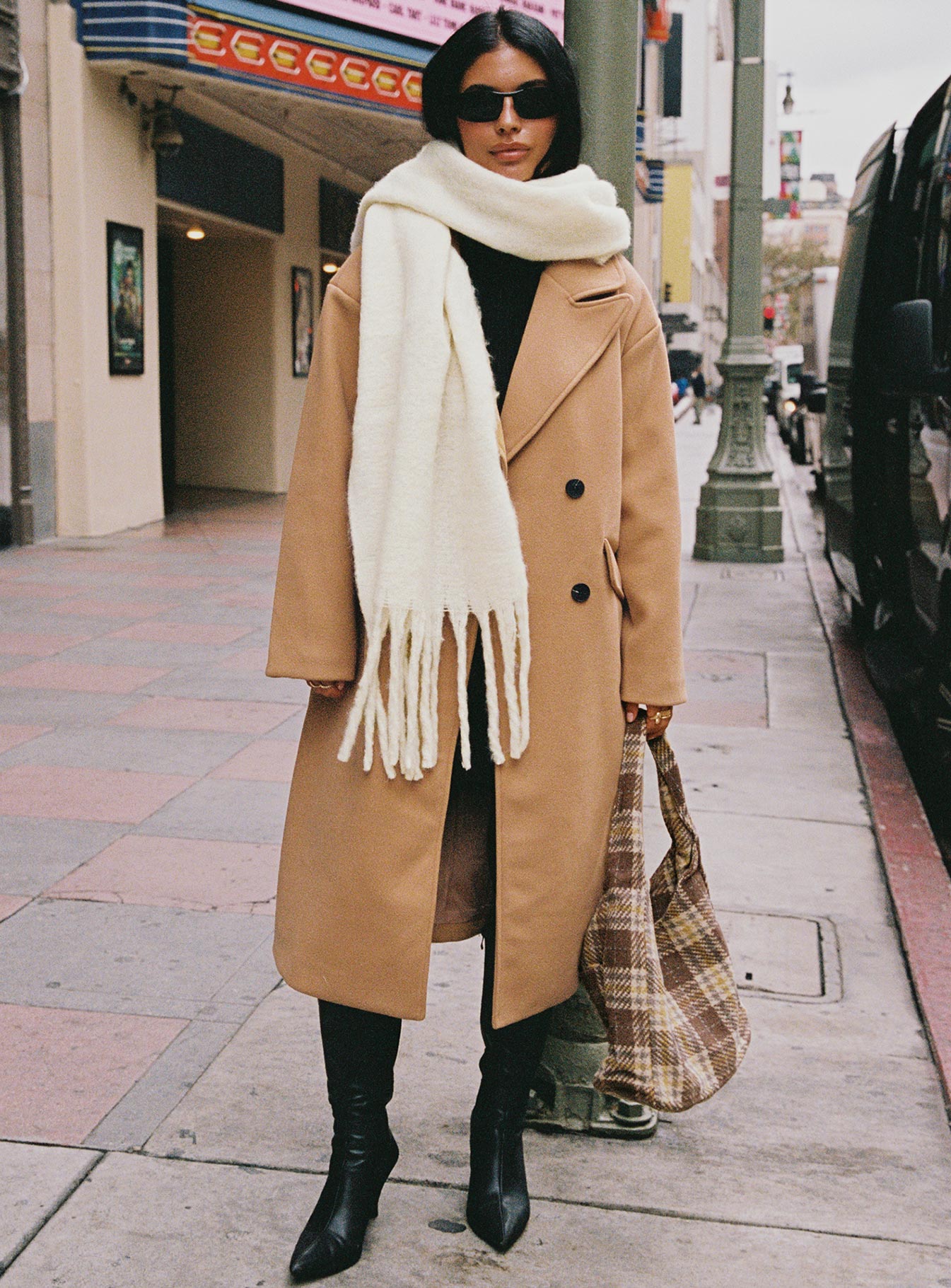 Camel Longline coat Lapel collar, button fastening at front, front pockets