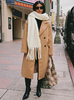 Camel Longline coat Lapel collar, button fastening at front, front pockets