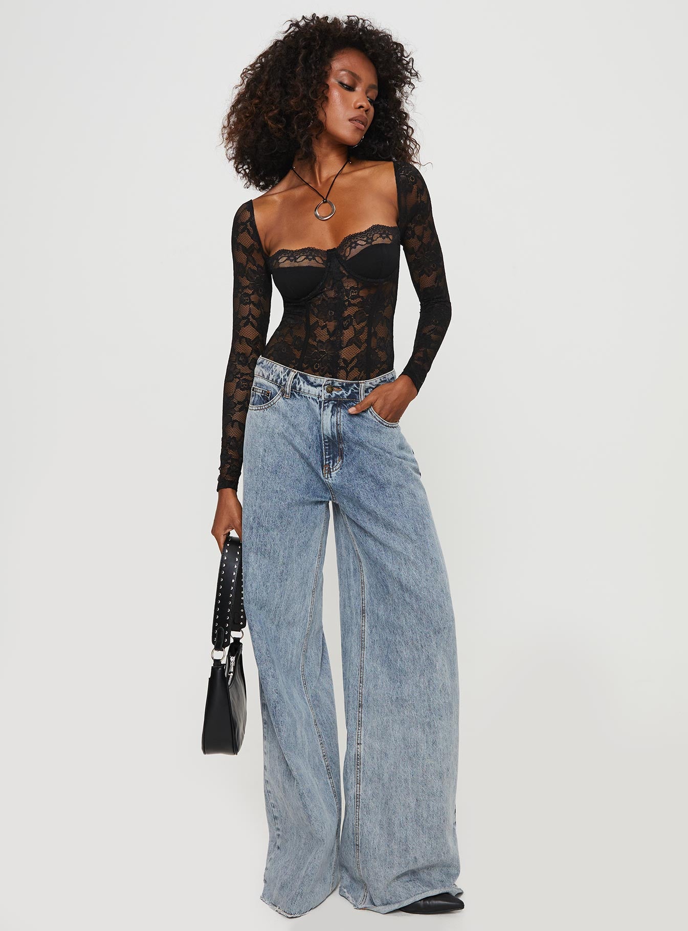 back view of model wearing Princess Polly Cadrot Long Sleeve Lace Bodysuit Black Long Sleeve Tops 