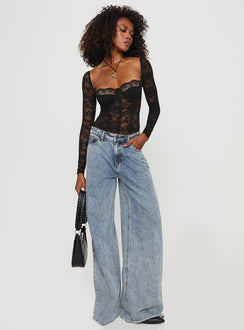 back view of model wearing Princess Polly Cadrot Long Sleeve Lace Bodysuit Black Long Sleeve Tops 