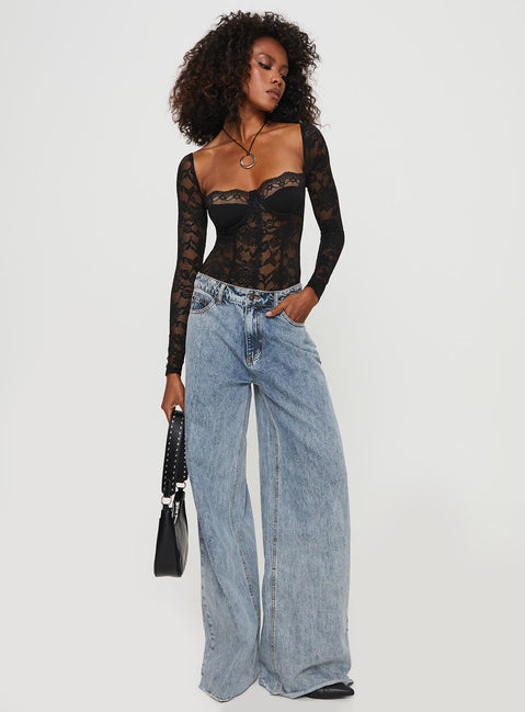 back view of model wearing Princess Polly Cadrot Long Sleeve Lace Bodysuit Black Long Sleeve Tops 