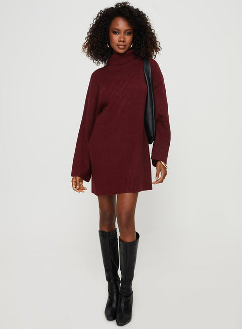 front view of model wearing Princess Polly Sonelle Knit Mini Dress Burgundy High Neck 
