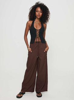 front view of model wearing Princess Polly Brunie Pants Chocolate High Waisted Pants 