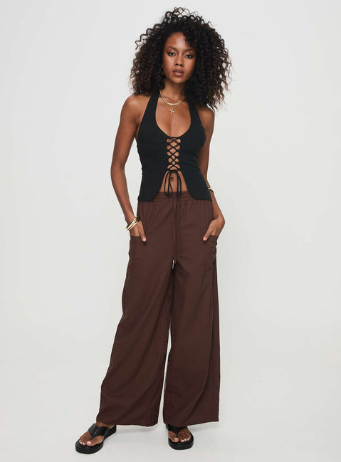front view of model wearing Princess Polly Brunie Pants Chocolate High Waisted Pants 