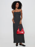 side view of model wearing Princess Polly Pansotti Maxi Dress Black Square Neck 