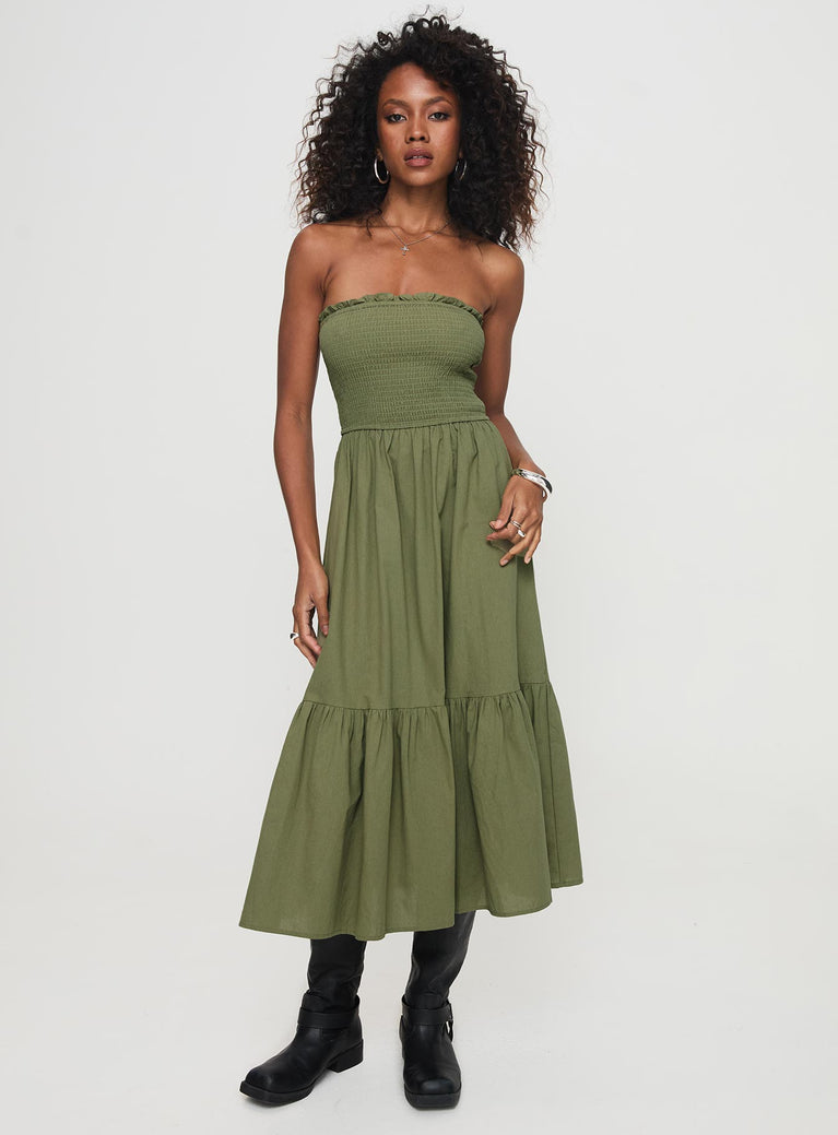 front view of model wearing Princess Polly Chani Strapless Maxi Dress Olive Straight Neck 