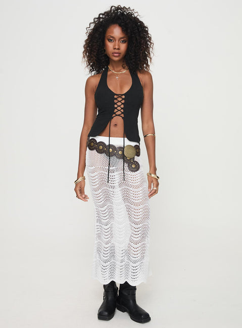   front view of model wearing Princess Polly Kastio Crochet Midi Skirt White Midi Skirts 