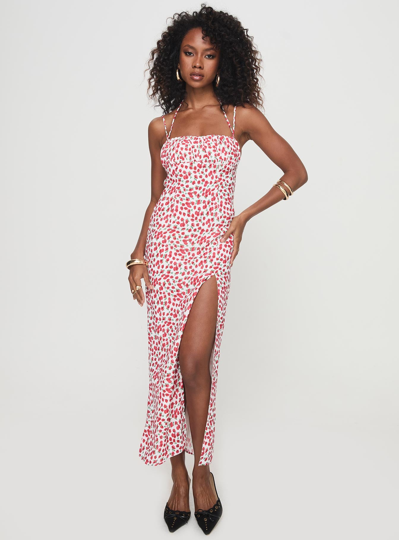 front view of model wearing Princess Polly Kish Maxi Dress Red Floral Square Neck 