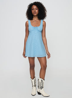front view of model wearing Princess Polly Fiorello Mini Dress Blue Scoop Neck 