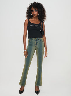 side view of model wearing Princess Polly Sandman Flare Jeans Antique Wash Mid Rise 