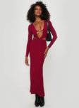 side view of model wearing Princess Polly Everton Maxi Dress Burgundy Plunger 