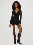 Romper Long sheer mesh sleeves, V-neckline, tie detail at bust, ruching detail at bust Invisible zip fastening at back 