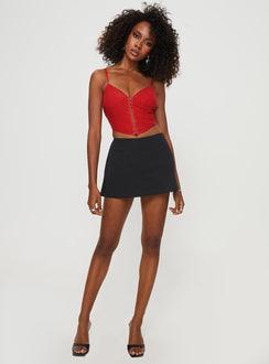 front view of model wearing Princess Polly Palisade Corset Top Red Glitter Sleeveless V-Neck 