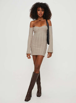 side view of model wearing Princess Polly Bayard Off The Shoulder Knit Mini Dress Beige Straight Neck 