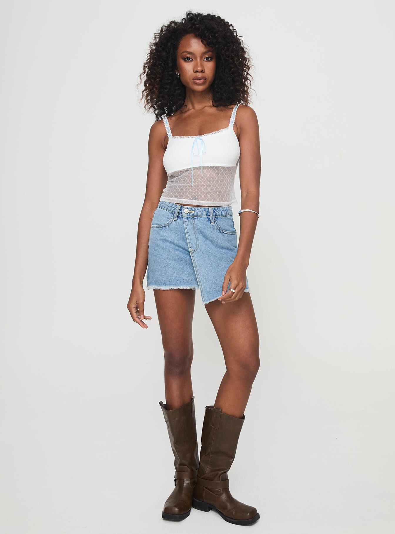 back view of model wearing Princess Polly Tadeo Lace Cami Top White Sleeveless Square Neck 