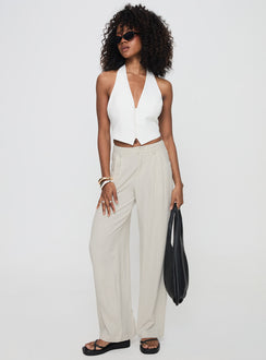 front view of model wearing Princess Polly Hayze Linen Pant Beige Pinstripe High Waisted Pants 