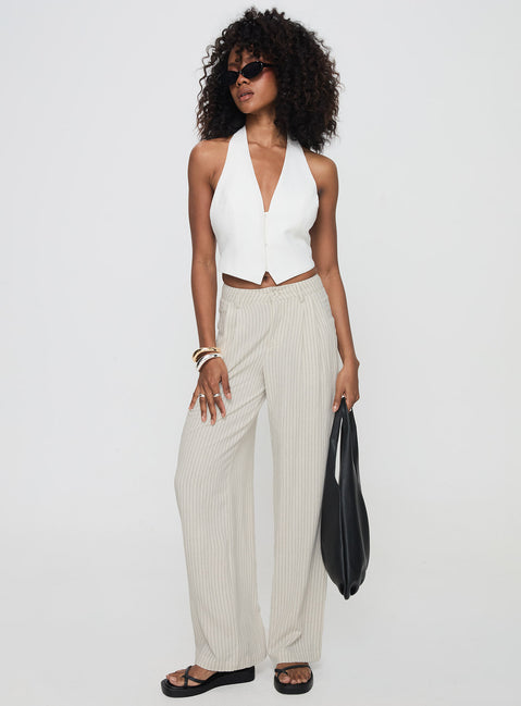 front view of model wearing Princess Polly Hayze Linen Pant Beige Pinstripe High Waisted Pants 