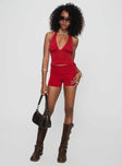 front view of model wearing Princess Polly Take Me Out Shorts Red High Waisted Shorts 