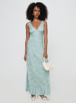 front view of model wearing Princess Polly Nell Jacquard Maxi Dress Blue V-Neck 